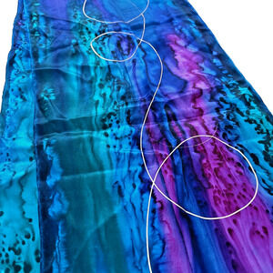 Artisan Hand Painted Pure Silk Scarf Gem Tone Colors Gold Swirls Long Rectangle